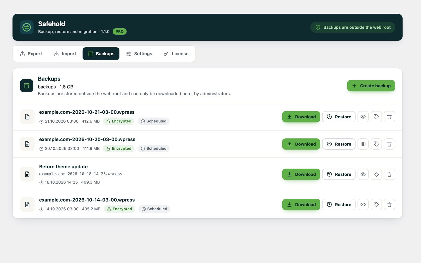 Safehold Backups screen: encrypted and scheduled backups