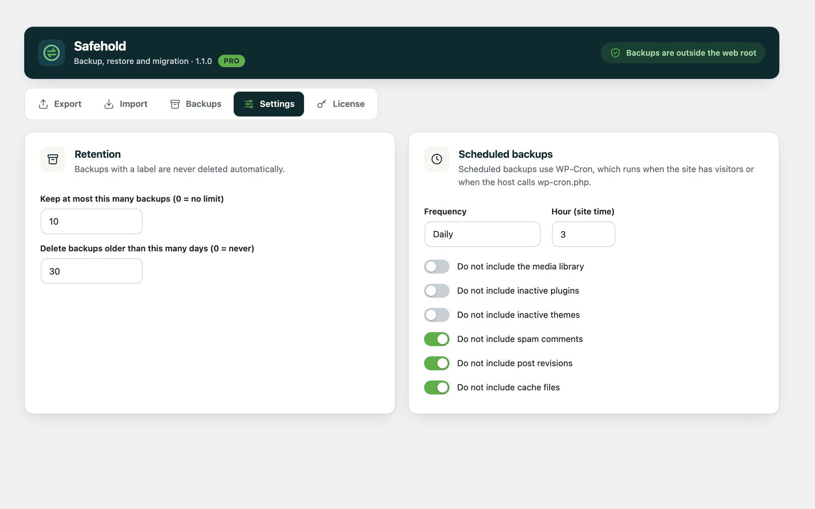 Safehold settings screen: retention rules and scheduled backups